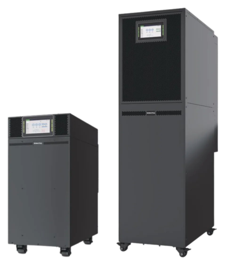 Dua UPS SGI33 Series berwarna gelap: unit kecil dan unit menara besar, keduanya berlatar layar sentuh